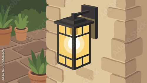 Decorative wall lantern illuminated with warm light on stone.