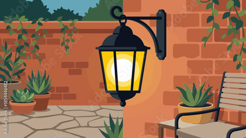 Elegant lantern hanging on brick wall outdoors.