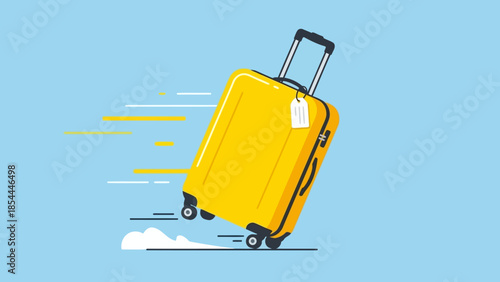 Yellow rolling suitcase speeding forward on blue background.