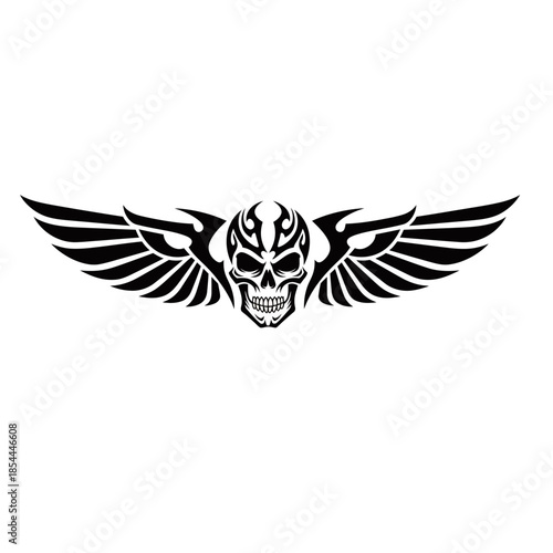 A black tribal design of a skull with outstretched wings on a white background.