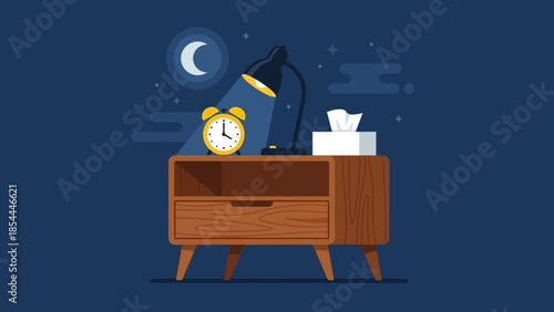 Nighttime Desk Scene with Alarm Clock and Moon.