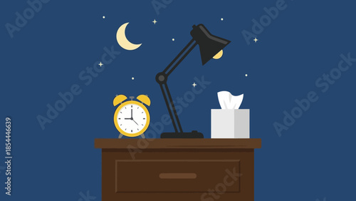Nighttime Desk Scene with Lamp Clock and Tissue Box.