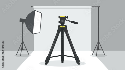 Professional Camera Mounted on Tripod in Studio.