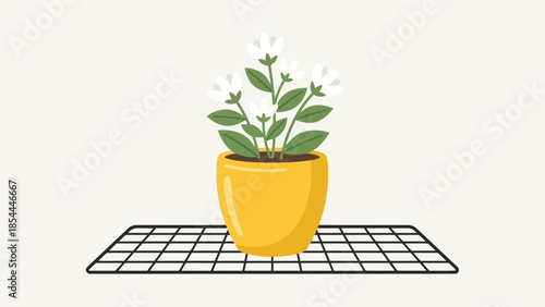 Potted Plant on Grid Table with Yellow Pot.