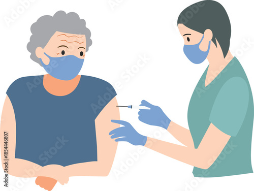 Elderly Person Receiving Vaccination from Healthcare Worker / Persona mayor recibiendo vacunación de personal sanitario / Pessoa idosa recebendo vacinação de profissional de saúde
