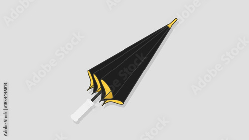 Closed black umbrella with yellow interior and white handle.
