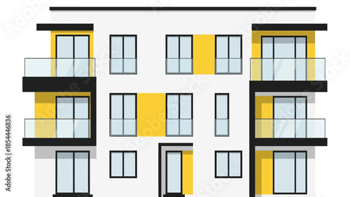 Modern white apartment building with yellow accents.
