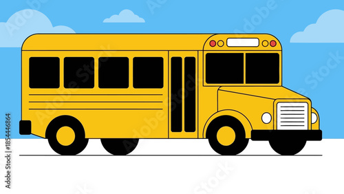 Bright yellow school bus on road illustration.