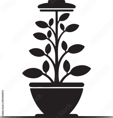 Flat silhouette of a tall hydroponic tower with plants growing outward vector art illustration