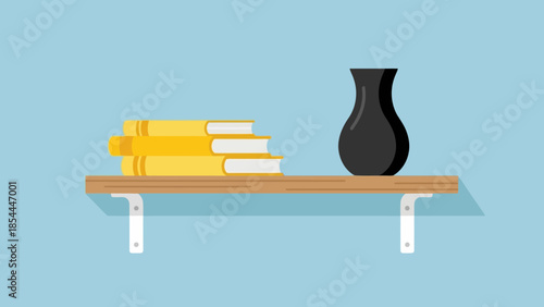 Stacked books and a vase on shelf.