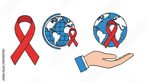 Global HIV AIDS Awareness and Support Symbolism Illustrated with Red Ribbons and World Map Elements for Health Campaigns and Solidarity