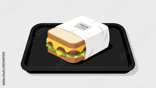 Juicy hamburger on black tray wrapped in paper.