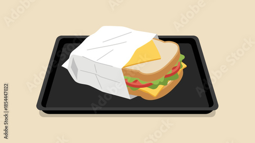 Tasty Sandwich On A Black Tray Wrapped In Paper.