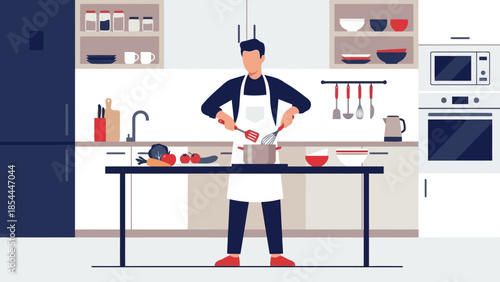 Chef preparing ingredients on kitchen island.