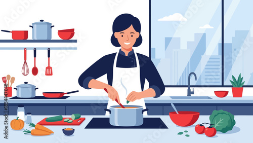 Female chef cooking in kitchen at stove.