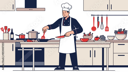 Professional Chef Cooking On A Stove In Kitchen.