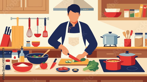 Chef Preparing Ingredients on a Busy Kitchen Counter.