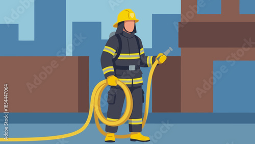 Firefighter in Protective Gear Handling Fire Hose.