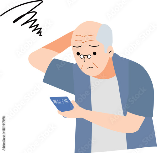 Worried Senior Man Looking at Pension Book, Elderly Retirement Anxiety / Hombre mayor preocupado mirando su libreta de pensión / Idoso preocupado olhando caderneta de aposentadoria