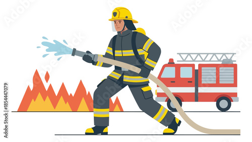 Firefighter in Action Battling Flames with Hose.