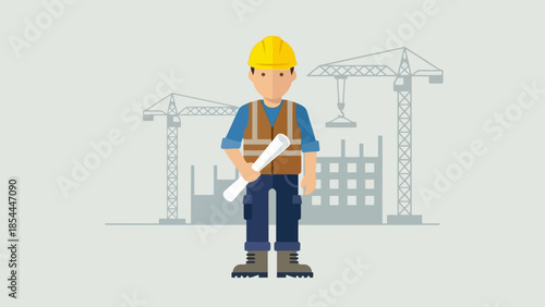 Construction Worker Holding Blueprint At Construction Site.