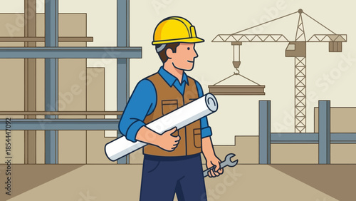 Construction Worker Holding Blueprints at Building Site.