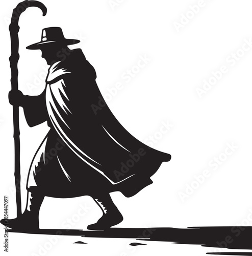 Flat silhouette of a walking pilgrim carrying a long staff vector art illustration