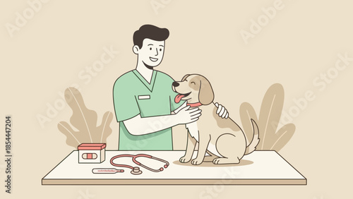 Veterinarian Examining Dog On Examination Table.