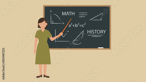 Female teacher standing by chalkboard teaching math history.
