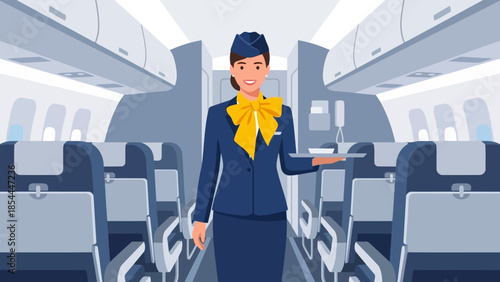 Flight Attendant Standing In Aisle On Plane.
