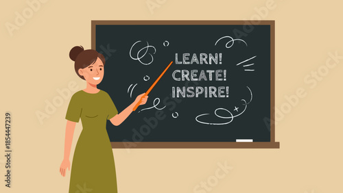 Female teacher giving lesson at chalkboard.