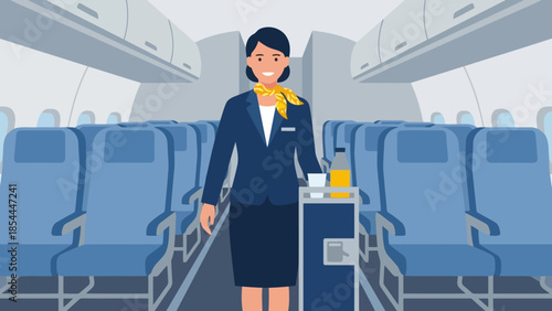 Flight attendant standing in airplane cabin interior.