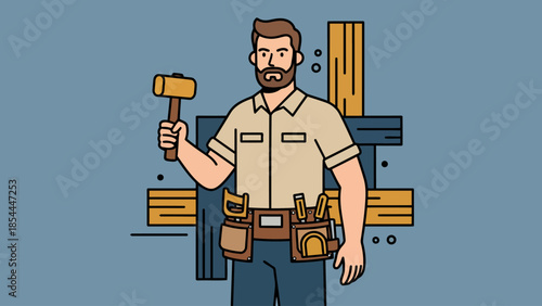 Carpenter with Hammer and Tool Belt Portrait.