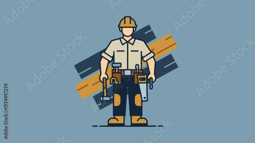 Construction Worker Standing with Tools and Helmet.