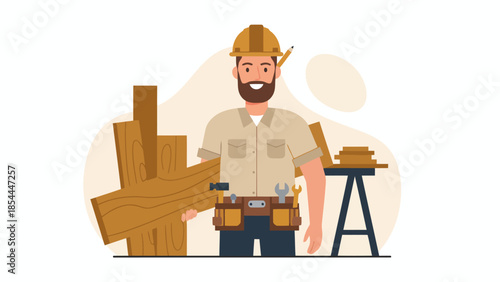 Carpenter Woodworker Standing with Tools and Lumber.
