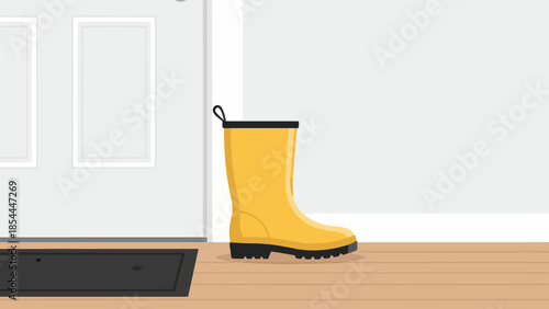 Bright Yellow Rain Boot Standing by Doorway.