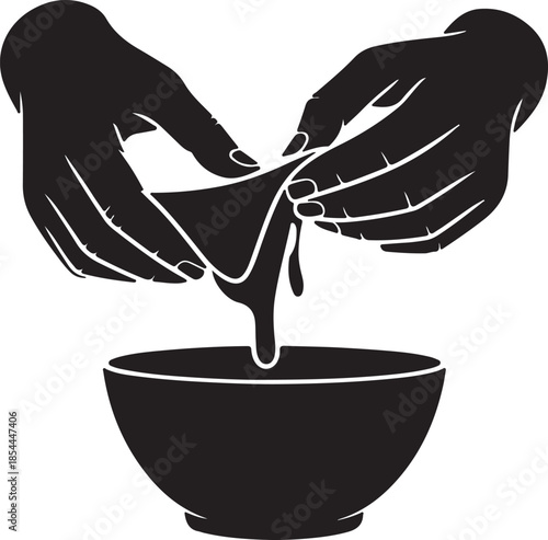 Flat silhouette of hands wrapping a bowl with beeswax cloth vector art illustration