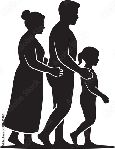 Flat silhouette of three generations holding hands in a line vector art illustration