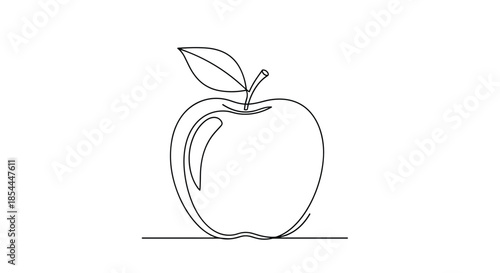 Minimalist and elegant continuous one-line drawing of an apple with a leaf, symbolizing health, nature, and simplicity in a modern style.