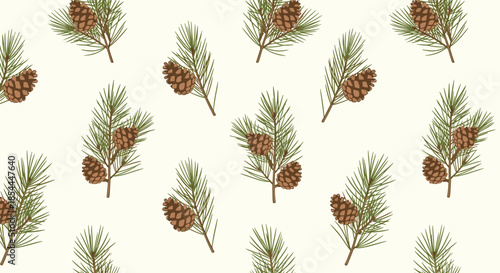 Seamless winter pattern with beautifully detailed pine branches and pinecones on a light background, perfect for Christmas and holiday designs.