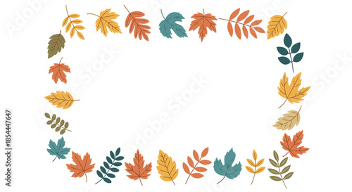 Beautiful rectangular frame made from a variety of colorful autumn leaves, providing a decorative border with empty space for text.