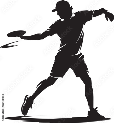 Minimal silhouette of a disc golfer in a full throwing motion, disc leaving hand vector art illustration
