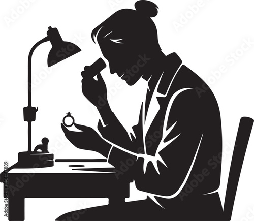 Minimal silhouette of a goldsmith seated at a bench, holding a loupe to one eye while examining a small ring vector art illustration