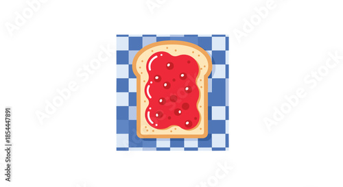 Top-down view illustration of a slice of toast with delicious strawberry jam, served on a classic blue and white checkered napkin.