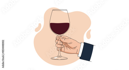 Elegant illustration of a man's hand in a business suit holding a glass of red wine, perfect for sophisticated events or celebrations.