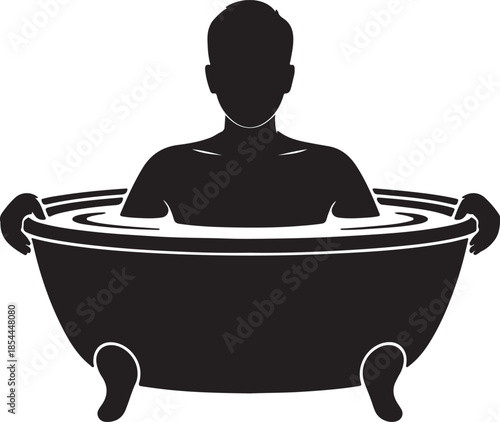 Minimal silhouette of a person submerged chest-deep in a round tub, arms gripping the rim vector art illustration