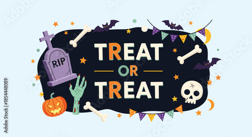 Fun 'Treat or Trick' Halloween banner decorated with a spooky pumpkin, a zombie hand, a gravestone, and other festive elements.