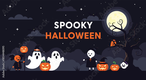 Spooky Halloween night scene with children in ghost and witch costumes trick-or-treating with jack-o'-lanterns under a full moon.