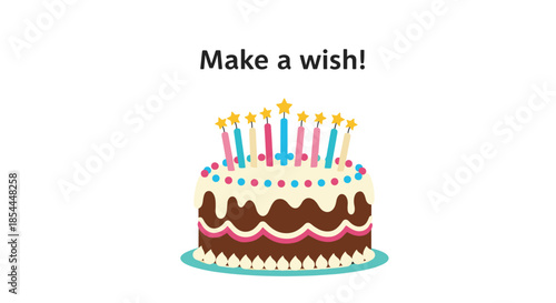 Cheerful birthday cake with colorful lit candles and star decorations, with the invitation 'Make a wish!' written above it.