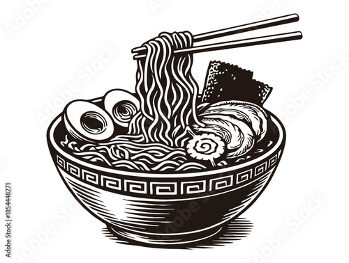 Hot bowl of ramen noodles with egg, pork, and chopsticks.